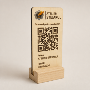 Plăcuță din lemn cu suport, personalizată cu cod QR pentru conectare la rețeaua WiFi, nume de rețea și parolă.