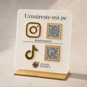 Panou QR personalizat alb pentru Instagram și TikTok, cu detalii aurii și suport de expunere