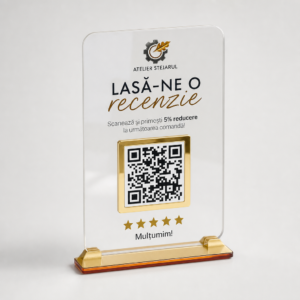 Plăcuță albă lucioasă personalizată cu mesaj pentru recenzie, cod QR și logo Google