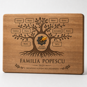 Tocător personalizat din lemn cu arbore genealogic gravat și numele familiei