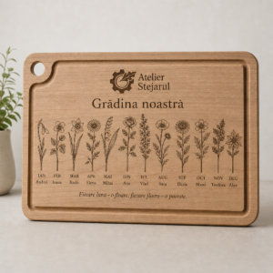 Tocător personalizat din lemn masiv cu flori ale lunilor de naștere și prenume gravate