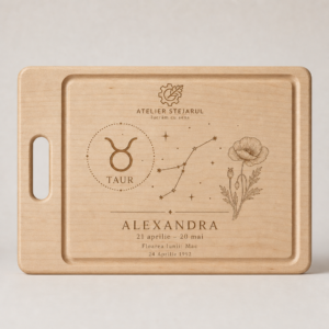 Tocător personalizat din arțar cu semn zodiacal, constelație, floare botanică, nume și dată de naștere