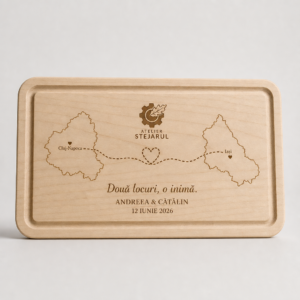 Tocător din lemn personalizat cu două regiuni, localități, nume și inimă între hărți