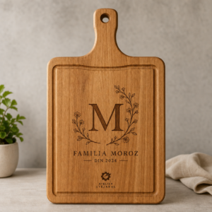 Tocător din lemn personalizat cu monogramă florală și numele familiei