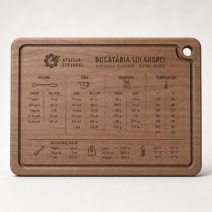 Tocător personalizat Atelier Stejarul cu tabel de conversii culinare gravat