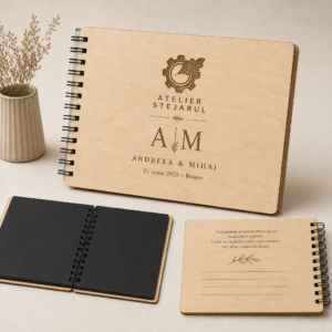 Guestbook de nuntă personalizat cu monogramă, numele mirilor și dată, cu copertă în finisaj natural