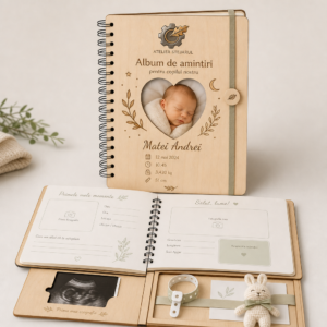 Album de amintiri personalizat pentru copil cu copertă din lemn, fotografie și nume