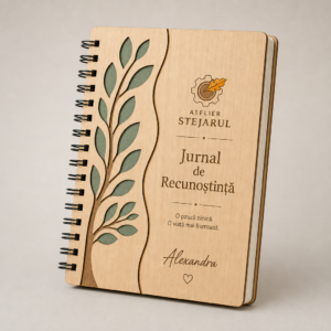 Jurnal de recunoștință personalizat Atelier Stejarul, cu copertă din lemn gravată și spirală