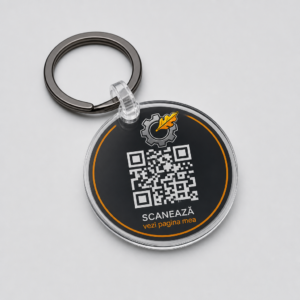 Breloc personalizat transparent cu cod QR negru către link