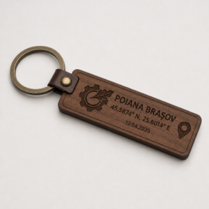 Breloc personalizat din lemn cu coordonate gravate laser
