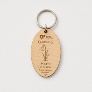 Breloc personalizat Atelier Stejarul cu floarea lunii de naștere, prenume și dată gravate