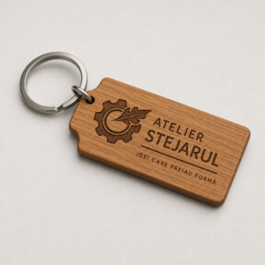 Breloc personalizat din lemn cu logo geometric gravat