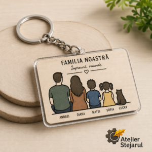 Breloc personalizat Portret de Familie Atelier Stejarul, cu membri ai familiei și prenume