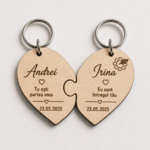 Set de două breloace puzzle personalizate pentru cuplu, gravate cu prenume și dată