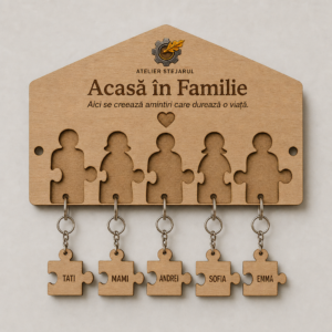 Suport de chei personalizat din lemn de fag cu patru brelocuri puzzle gravate pentru familie