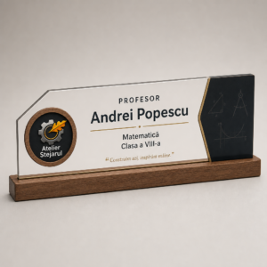 Plăcuță de birou personalizată pentru profesor, din acrilic transparent cu bază din lemn