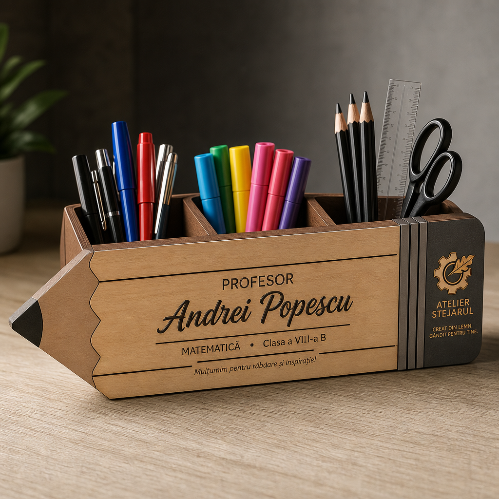 Detaliu cu numele personalizat și mesaj gravat pe organizatorul de birou model Creion