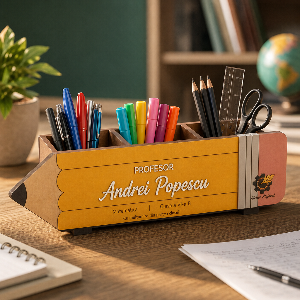 Organizator pentru creioane personalizat pentru profesor, așezat pe birou cu instrumente de scris