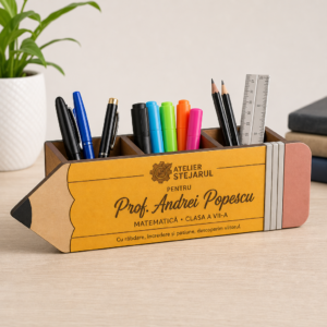 Organizator de birou personalizat pentru profesor, model Creion, galben, cu nume aplicat