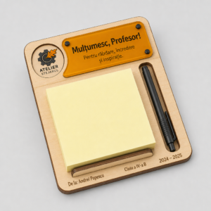 Suport personalizat Atelier Stejarul pentru notițe adezive, cu mesaj de mulțumire pentru profesor