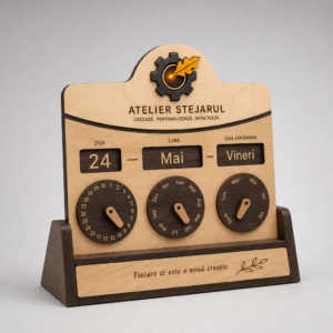 Calendar perpetuu personalizat Atelier Stejarul, cu elemente rotative pentru dată, expus pe birou