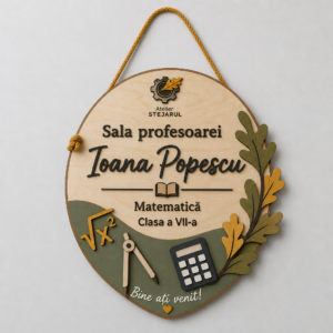 Semn personalizat pentru ușa clasei, cu numele profesorului și materia predată
