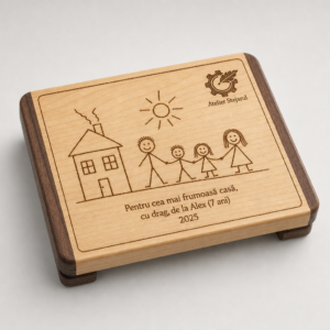 Suport termic personalizat din lemn cu desen de familie realizat de copil