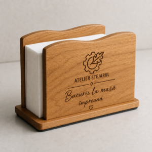 Suport de șervețele personalizat din lemn, cu mesaj gravat, Atelier Stejarul