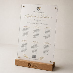 Panou de așezare la mese personalizat din acrilic transparent cu listă de invitați pentru nuntă