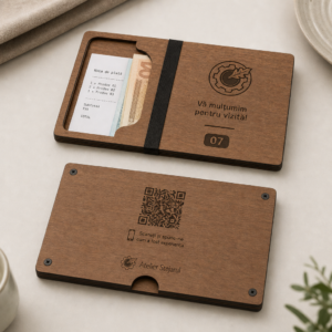 Prezentator de notă HoReCa personalizat din lemn, cu logo și spațiu pentru bon
