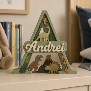 Inițială personalizată cu nume și dinozauri, realizată prin imprimare 3D multicolor