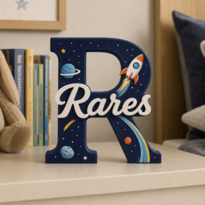 Inițială decorativă personalizată cu nume, rachetă spațială și planete colorate