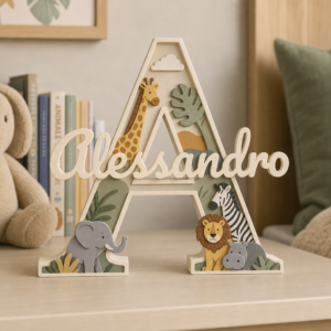 Decorațiune personalizată cu inițială și nume integrat, în tema Safari, realizată de Atelier Stejarul