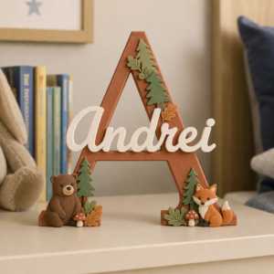 Inițială 3D personalizată cu nume integrat, decorată în tema Pădure Woodland