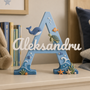Inițială personalizată 3D cu nume, decor ocean și valuri în nuanțe marine