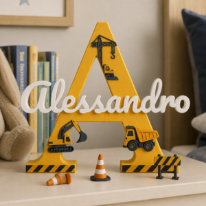 Inițială personalizată 3D cu nume și tematică de utilaje de construcții