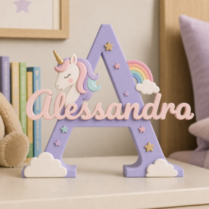 Inițială 3D personalizată cu nume, tematică Unicorn, în culori pastel