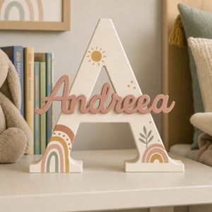 Inițială cu nume personalizată în tematica Curcubeu Boho, realizată prin imprimare 3D