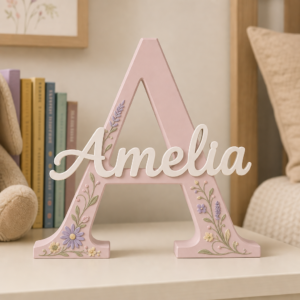 Inițială cu nume personalizat, decorată cu flori de câmp, realizată de Atelier Stejarul