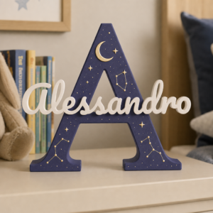 Inițială personalizată cu nume și temă constelații, realizată de Atelier Stejarul