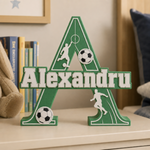 Inițială 3D personalizată cu nume, decor fotbal și mingi de fotbal