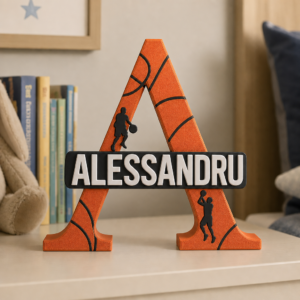 Inițială nume personalizată 3D cu tematică baschet, textură de minge și nume integrat