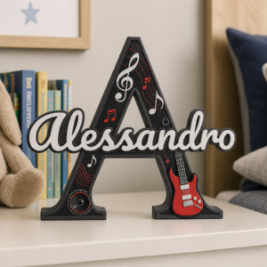Inițială personalizată cu nume în tematică Muzică Rockstar, cu note muzicale și chitară stilizată
