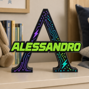 Inițială decorativă 3D Gaming Neon personalizată cu nume, pe suport negru