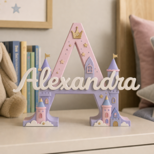 Inițială 3D personalizată cu nume și castel de poveste în culori pastel