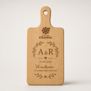Mini tocător personalizat din lemn pentru invitați de nuntă, gravat cu inițiale și dată
