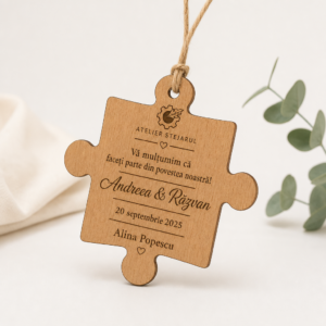 Ornament personalizat din lemn în formă de piesă de puzzle, gravat cu numele mirilor și data nunții