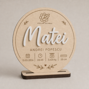 Disc de naștere personalizat din lemn cu prenume reliefat din acrilic și detalii gravate