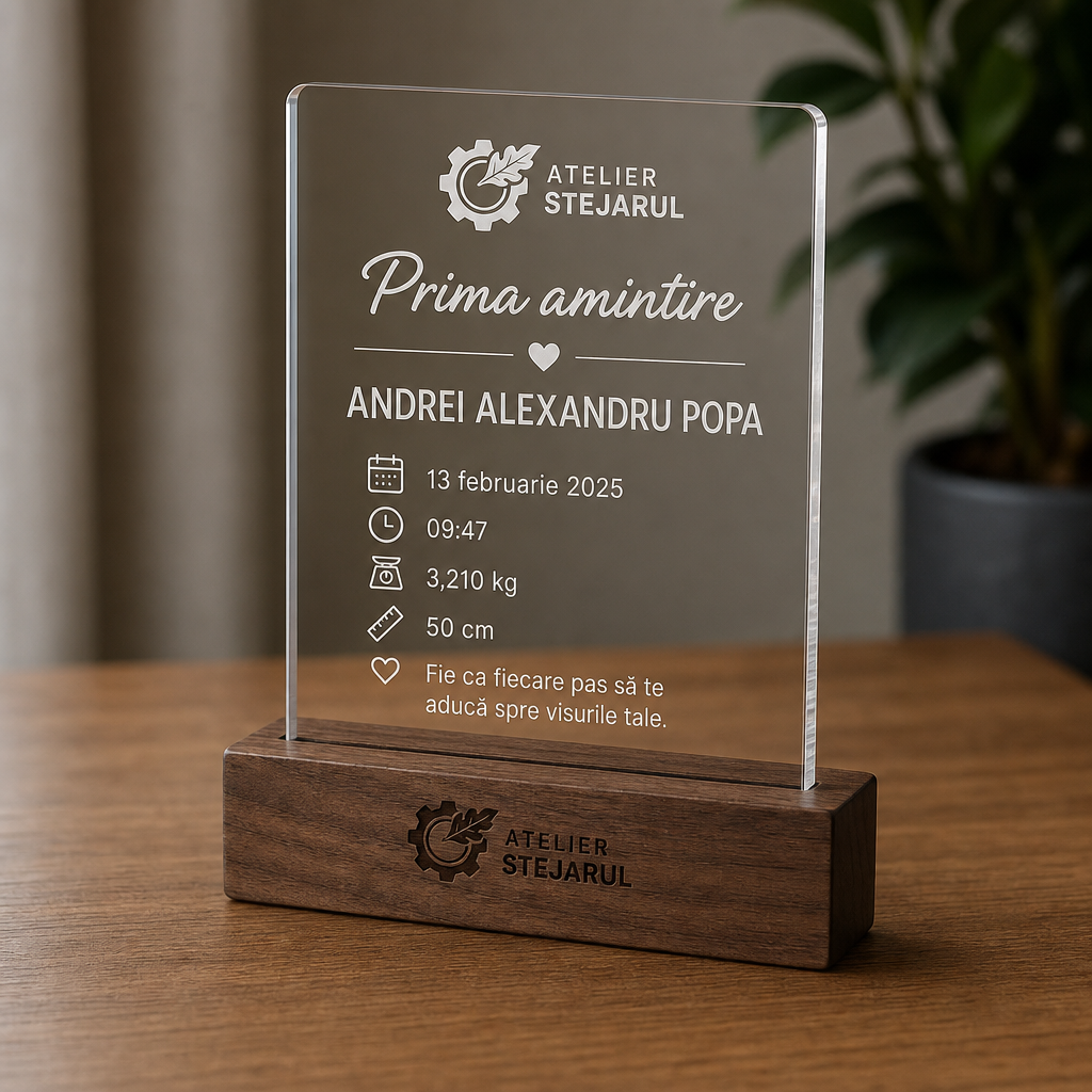 Detaliu placă acrilică personalizată cu nume, dată, oră, greutate și lungime