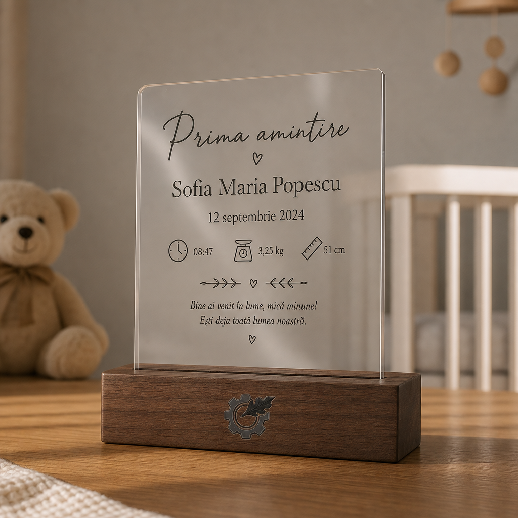 Decorațiune personalizată din acrilic pentru camera bebelușului, cu bază din lemn